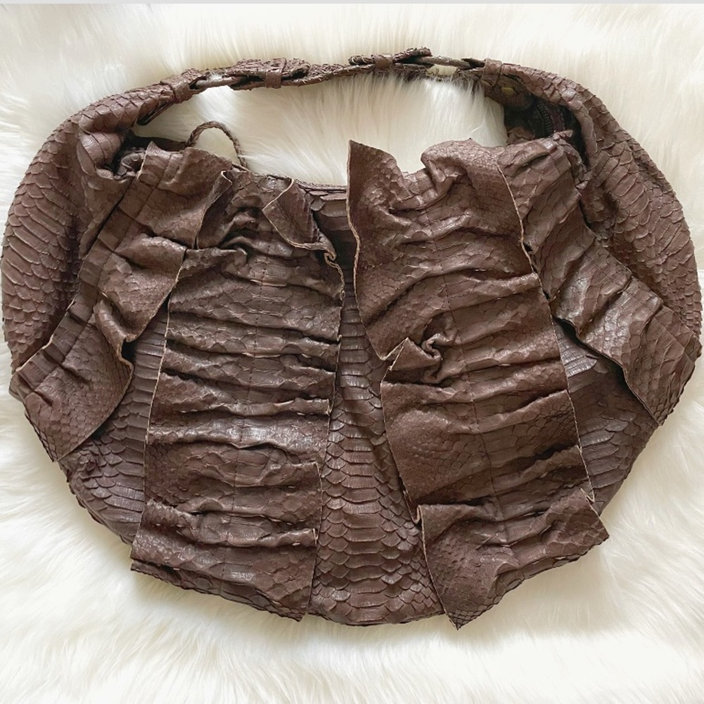 Uzca Snake Python Ruffle Shoulder Handbag - image 1